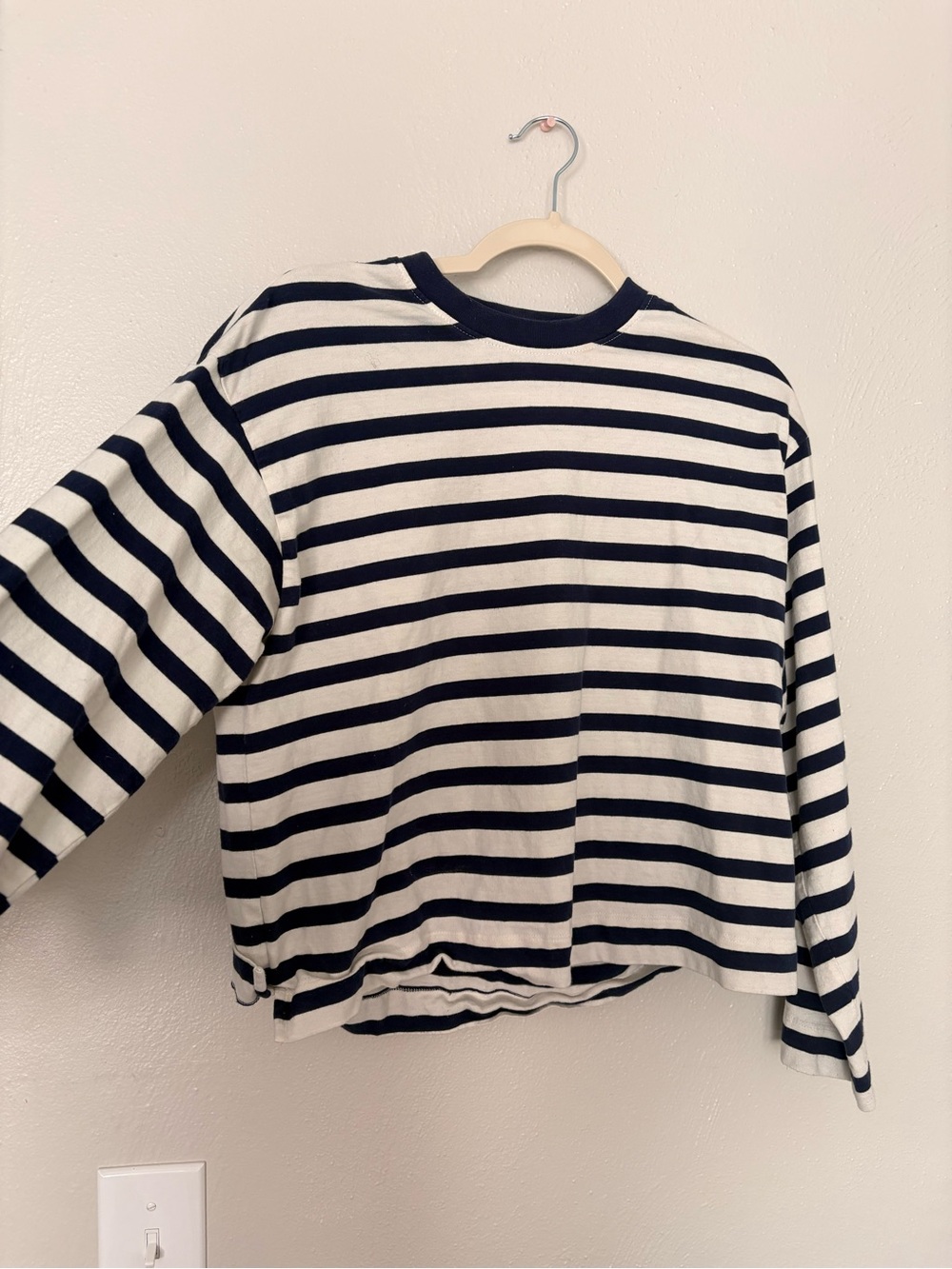 American Eagle Boxy Long-Sleeve Navy and White Striped Shirt